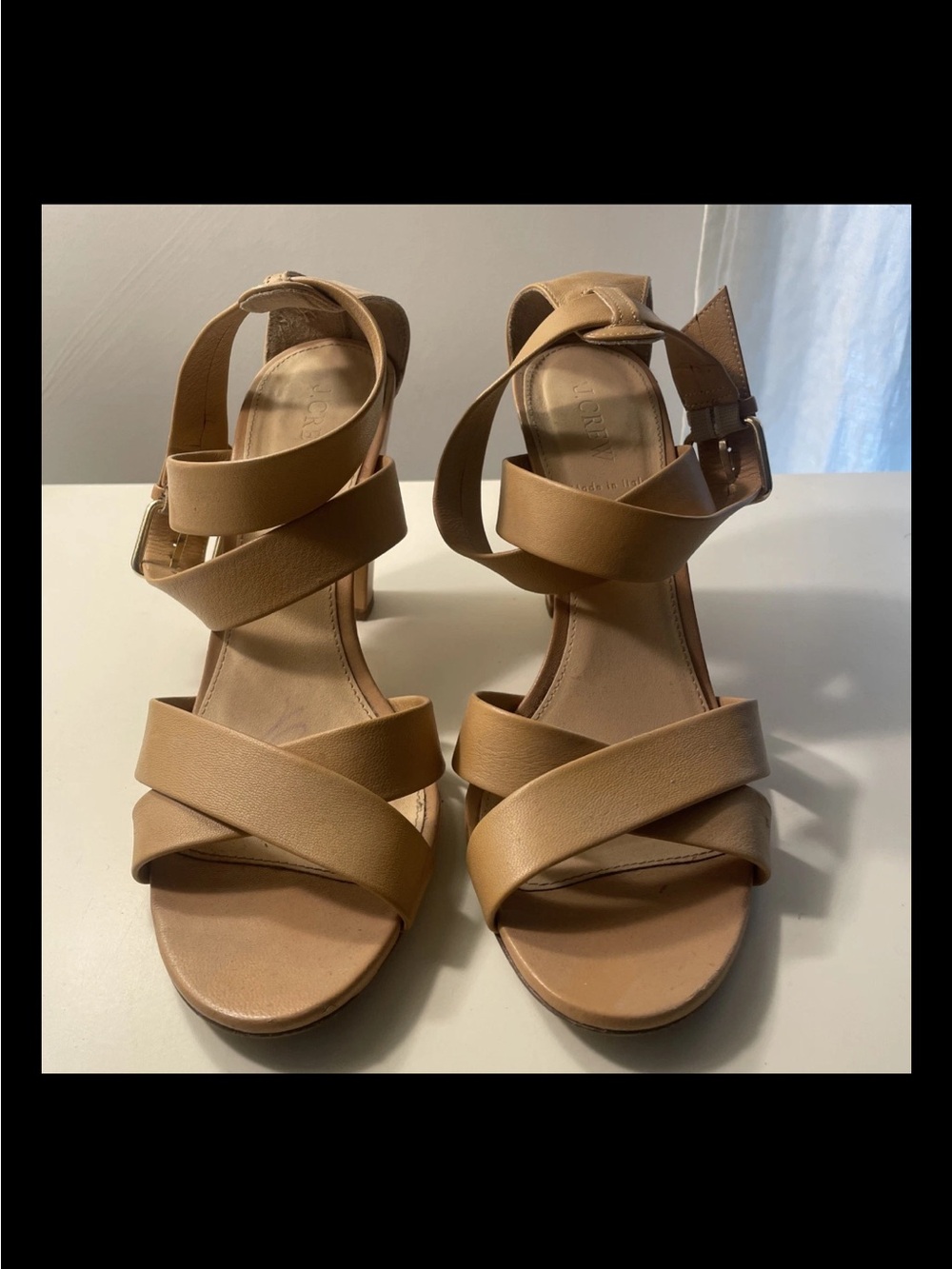 J Crew Tan/Nude Leather Ankle Strap Block Heel 3” Sandal Sz 10 Gold Buckle